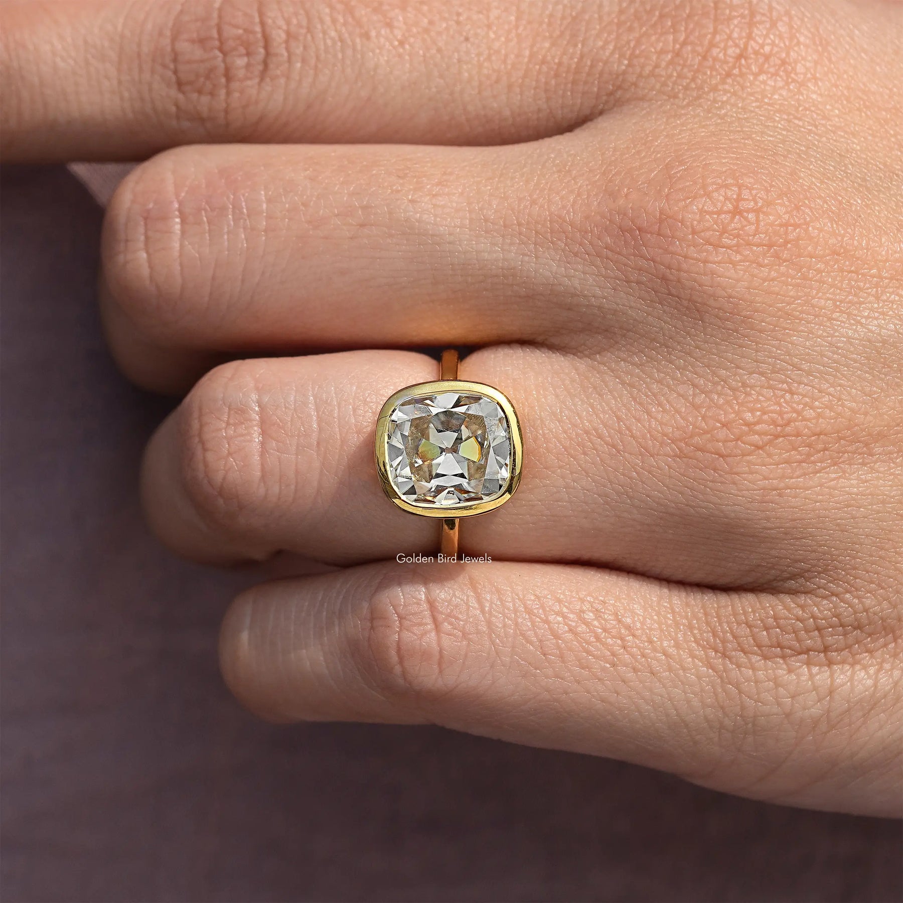 Moissanite Old Mine Cushion Cut Bezel Set Engagement Ring