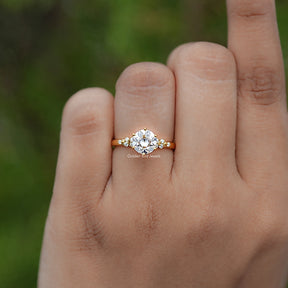 In finger view of Round Cut Moissanite Engagement Ring