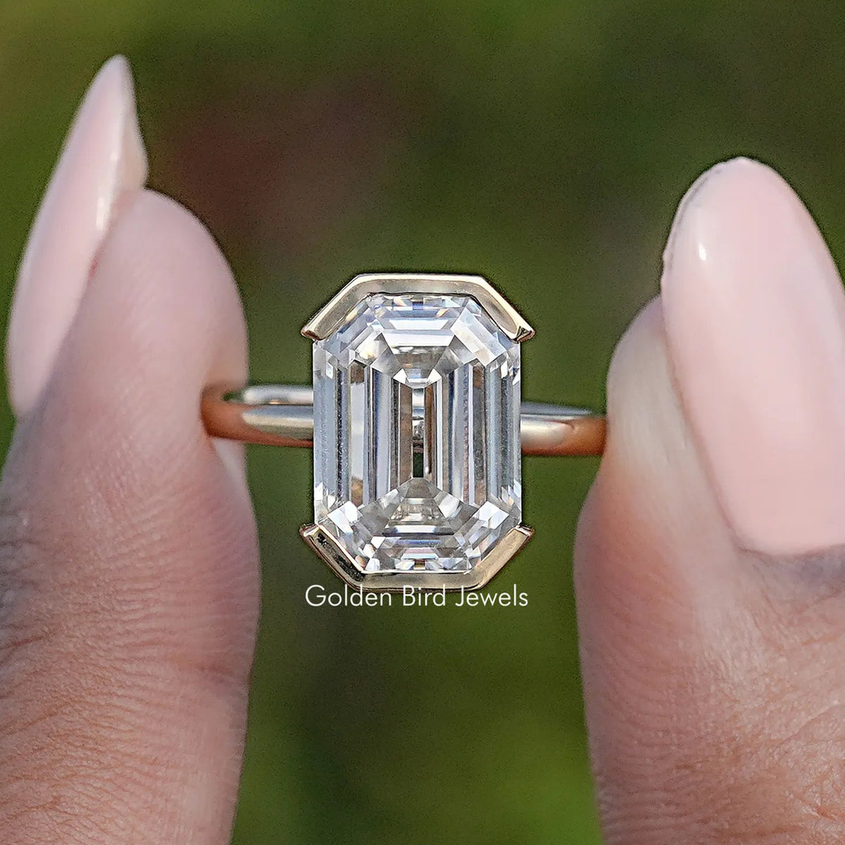 Front View of Moissanite Old Mine Emerald Cut Ring