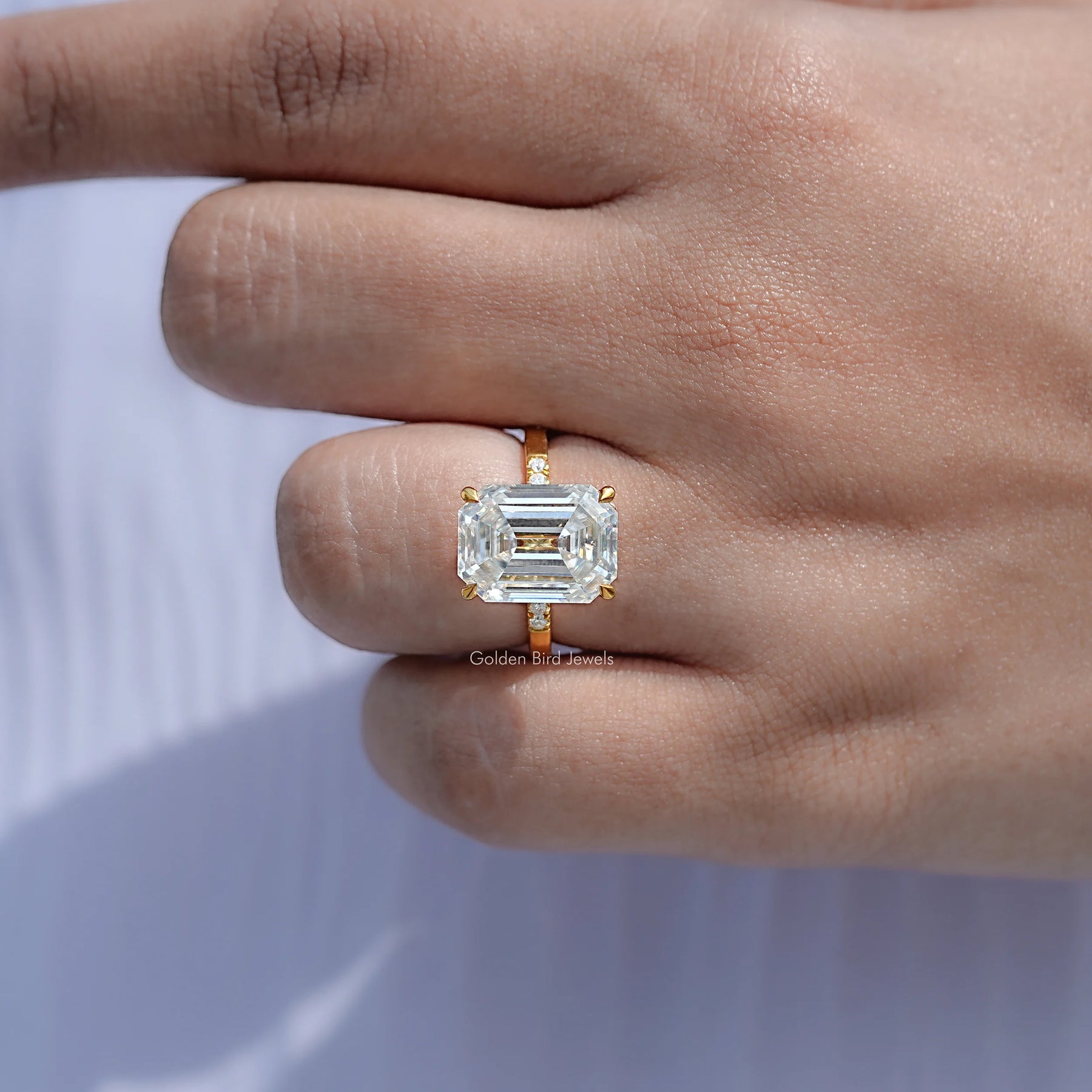 Close View Of Emerald Cut Moissanite Engagement Ring