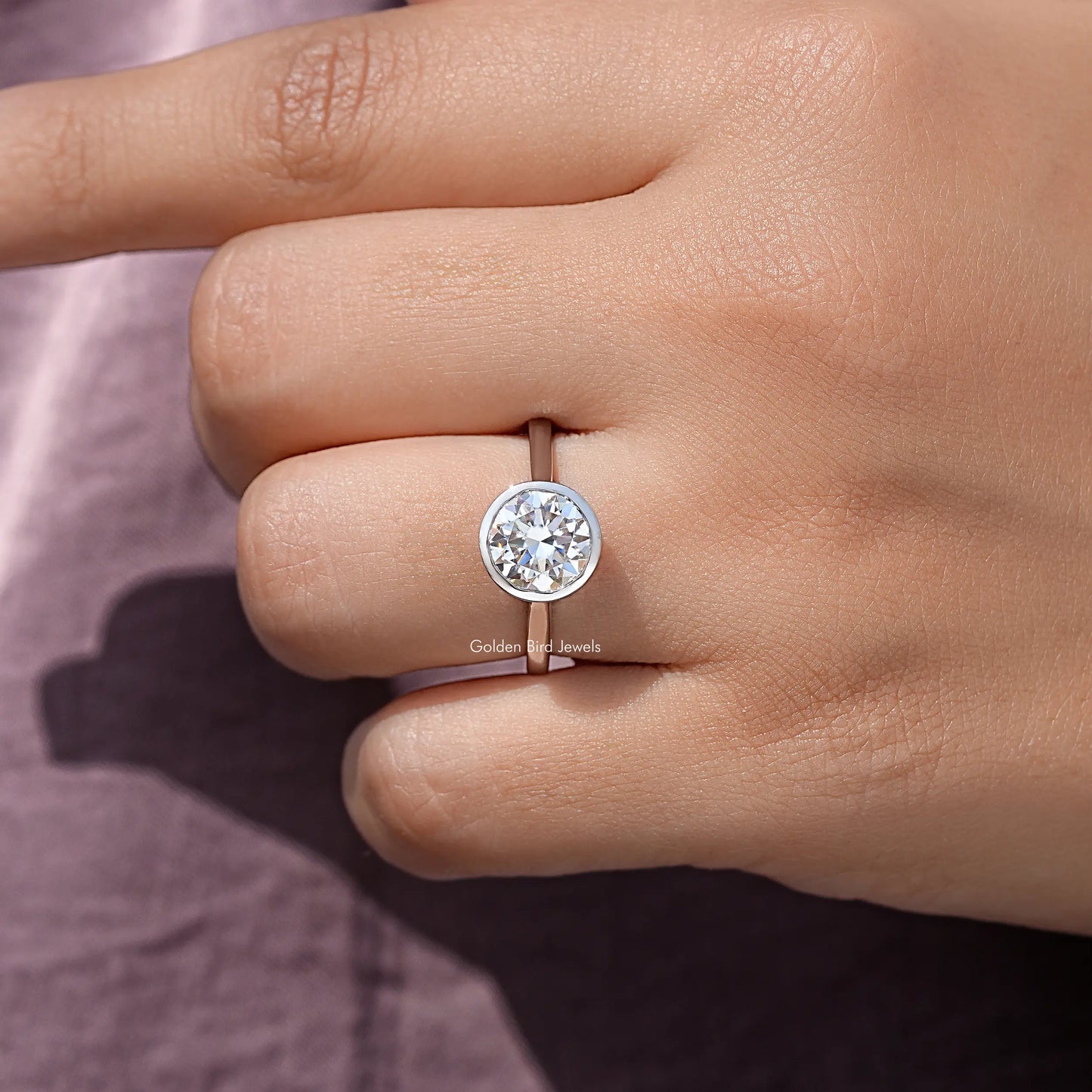 Old European Round Cut Moissanite Bezel Set Wedding Ring