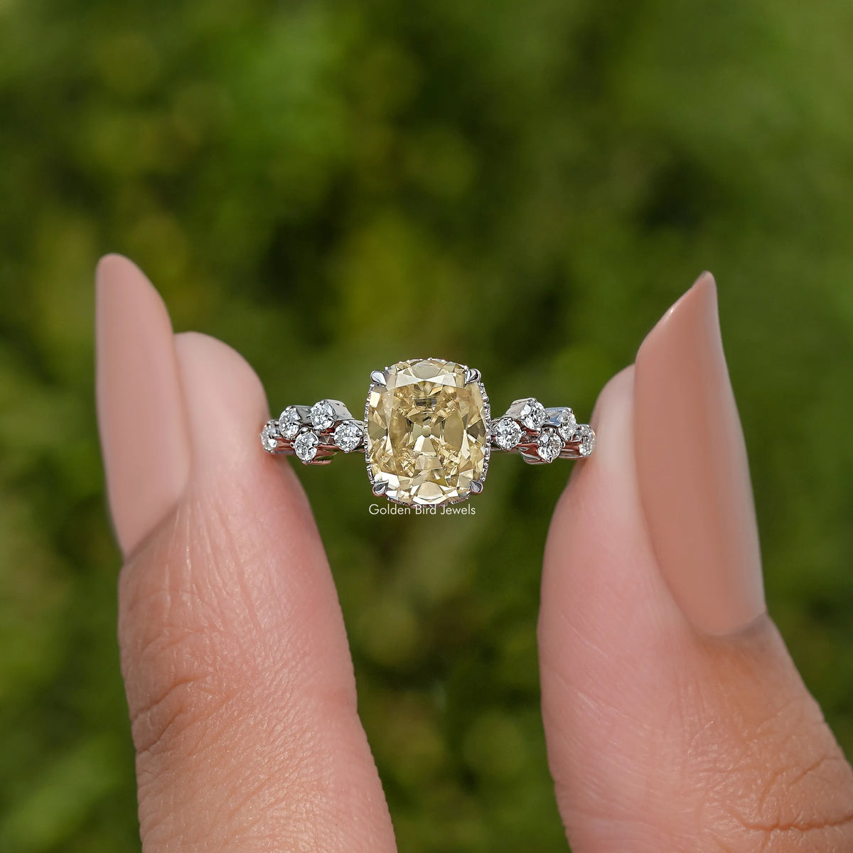 Sterling silver cushion-cut moissanite cluster engagement ring with round side stones