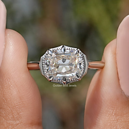 East West Old Mine Cushion Moissanite Solitaire Ring