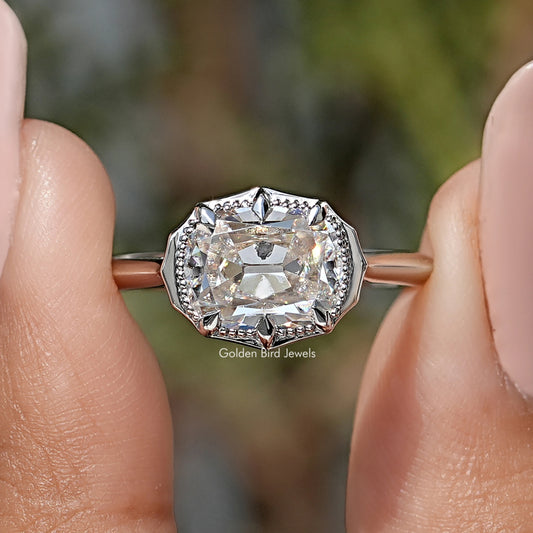 East West Old Mine Cushion Moissanite Solitaire Ring