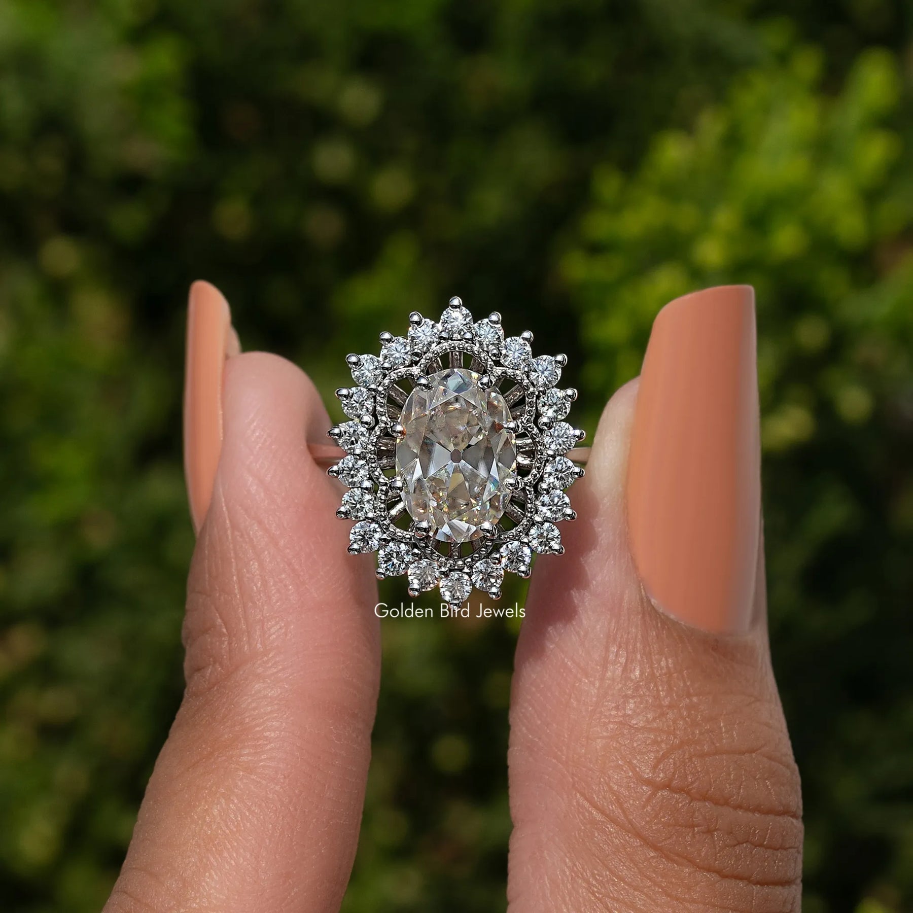 Old Mine Oval Cut Moissanite Halo Ring