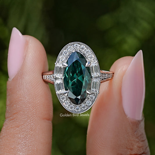 Old Mine Moval Moissanite Gemstone Halo Ring