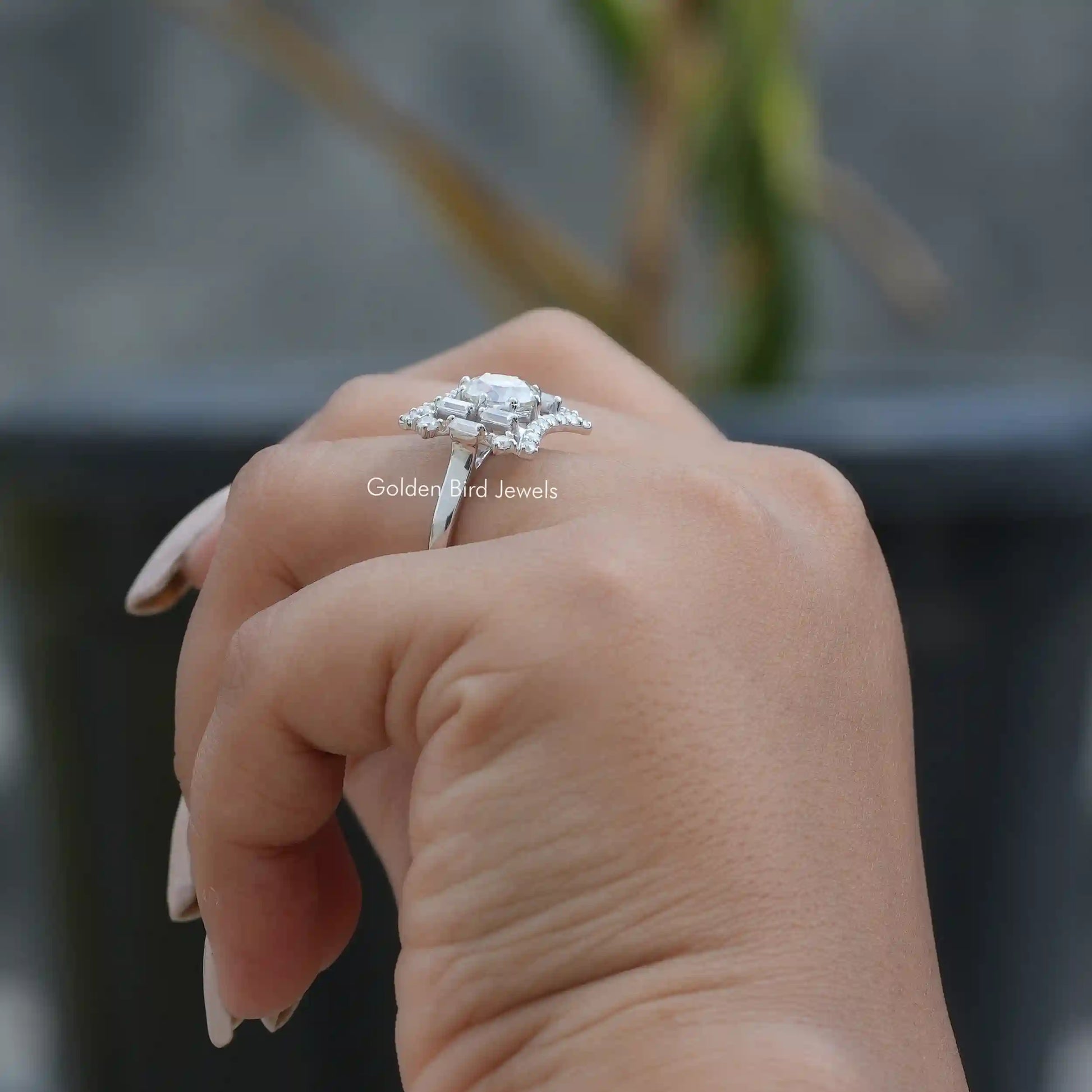 View of Moissanite Old European Round Cut Antique Ring In Finger