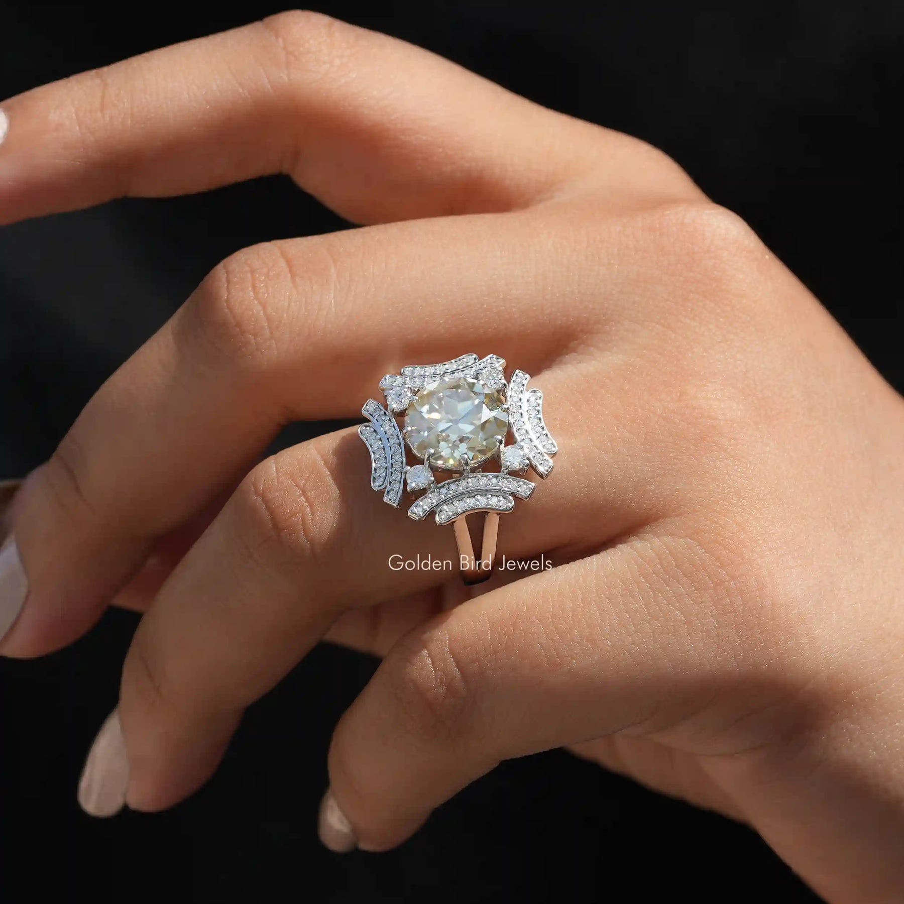 Detailed View Of Round Cut Moissanite Engagement Ring In White Gold
