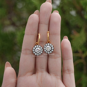Old European Round Moissanite Halo Dangle Earrings