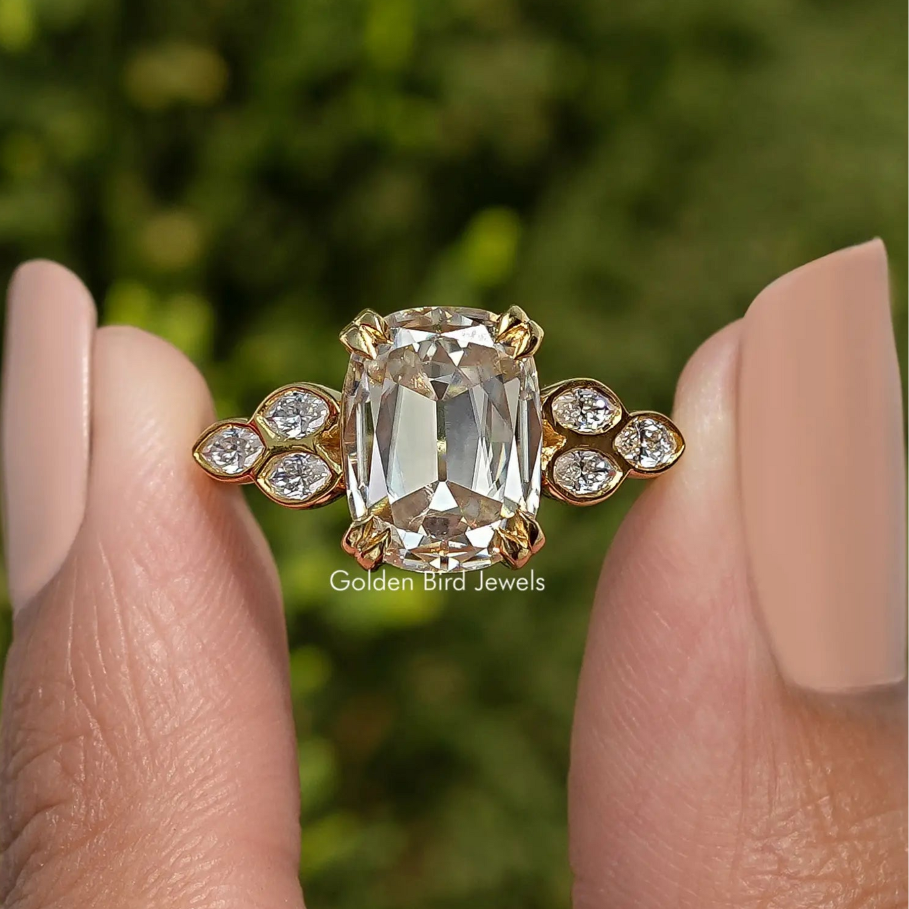 Old Mine Cushion Cut Moissanite Accent Engagement Ring
