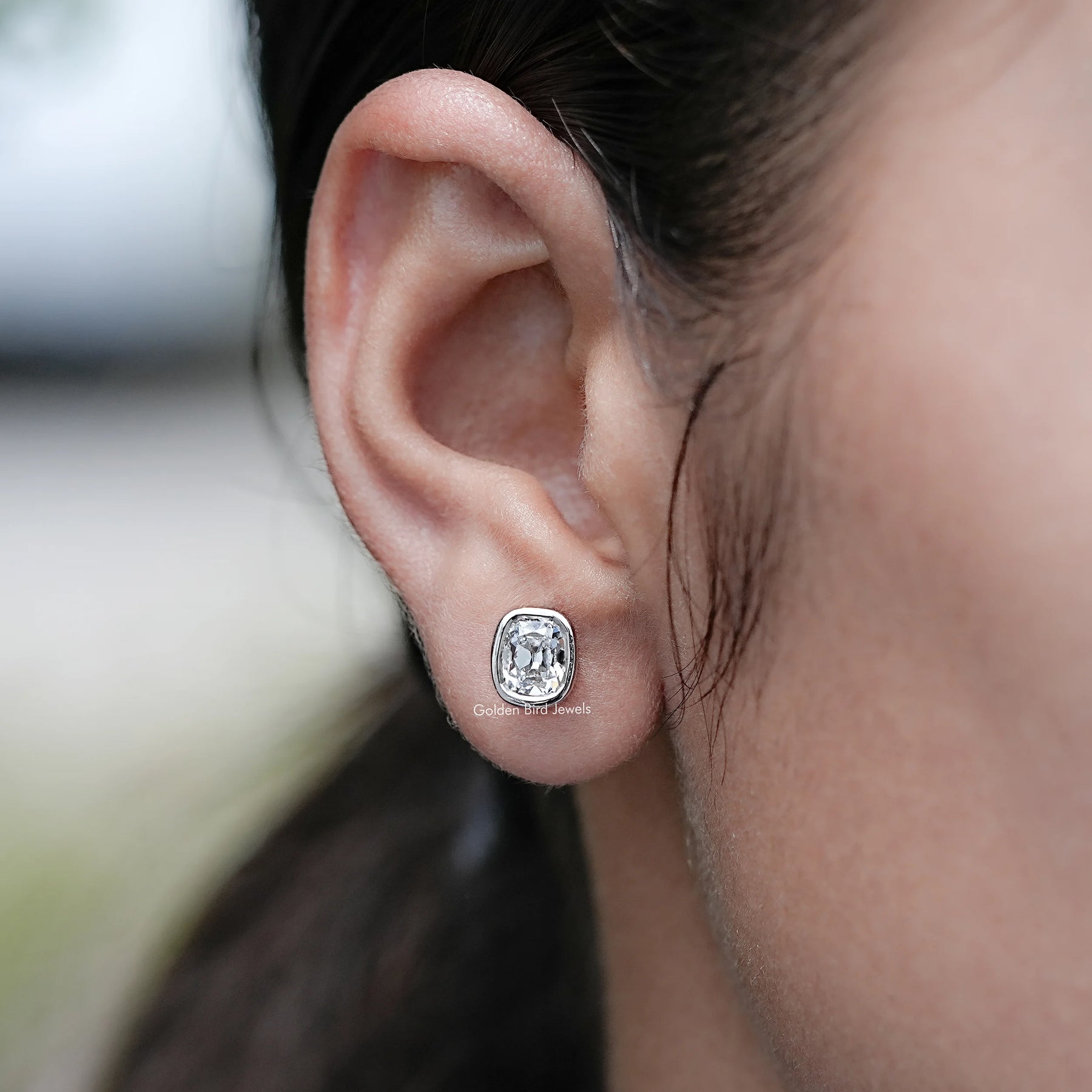Side View of  Old Mine Cushion Stud Bridal Earrings