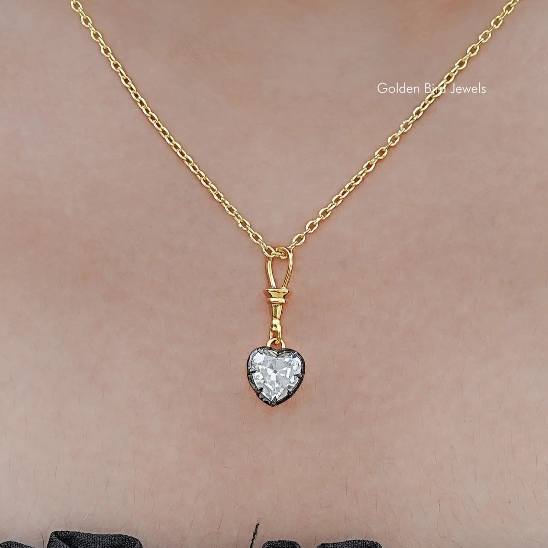 In neck View Of Old Mine Heart Shaped Moissanite Solitaire Pendant