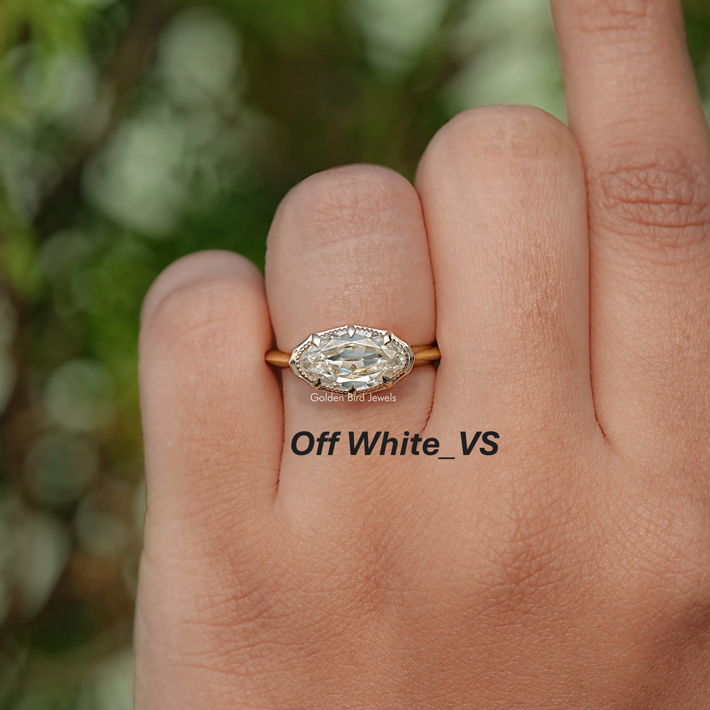East West Old Mine Moval Moissanite Solitaire Ring