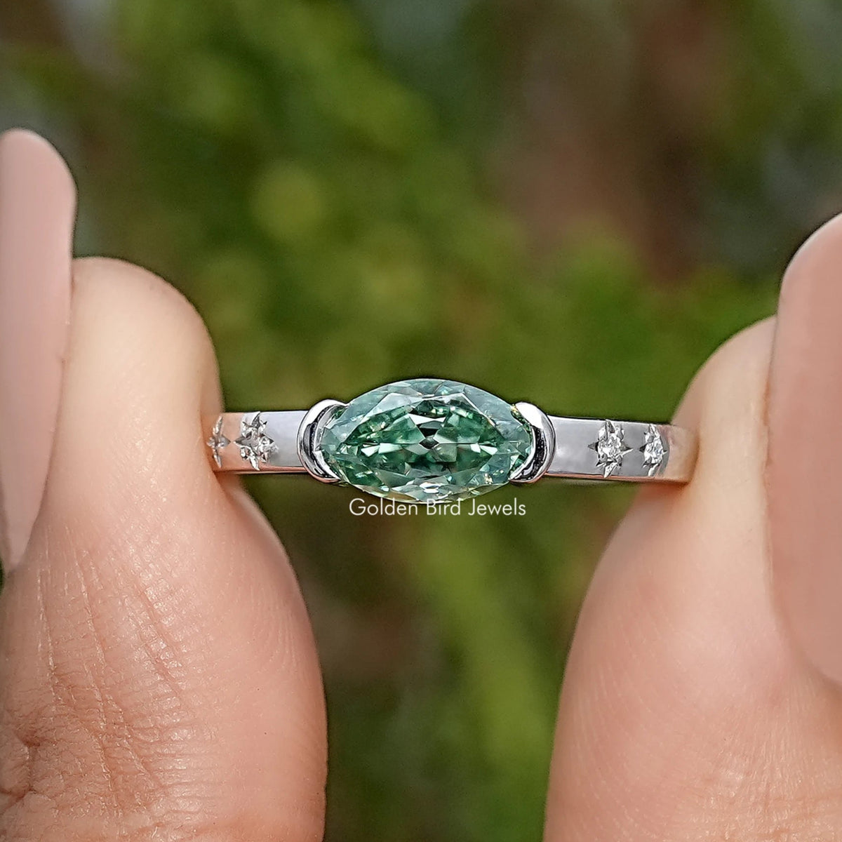 Front View of East West Old Mine Moval Moissanite Ring
