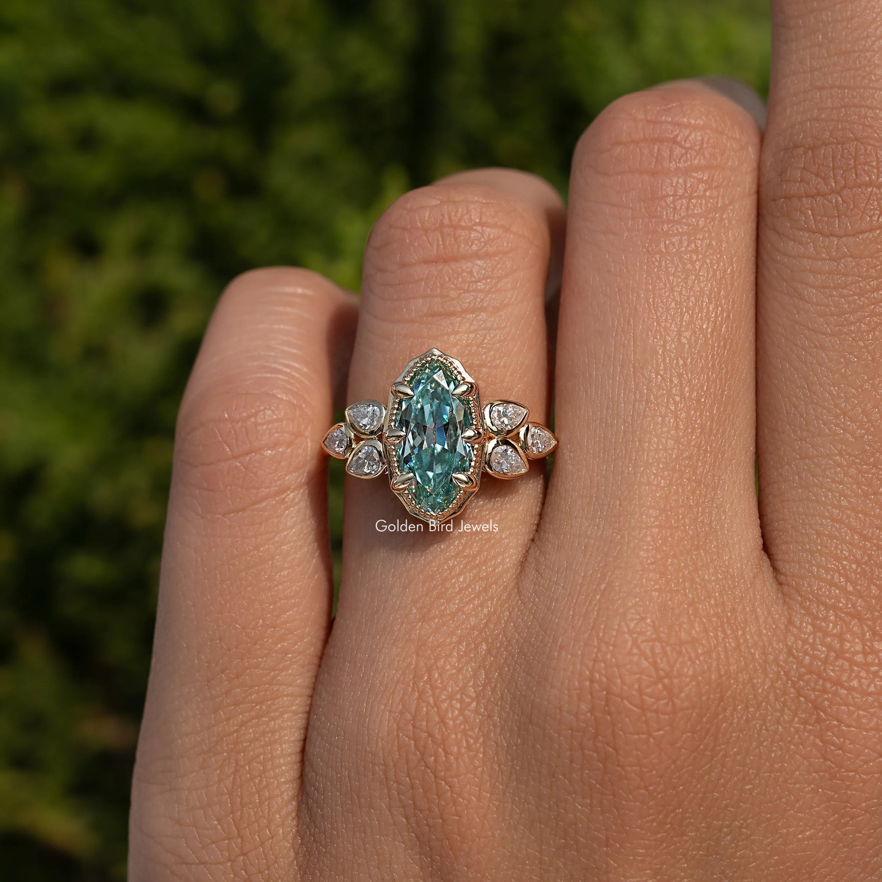 Blue Old Mine Moval Shaped Moissanite Ring