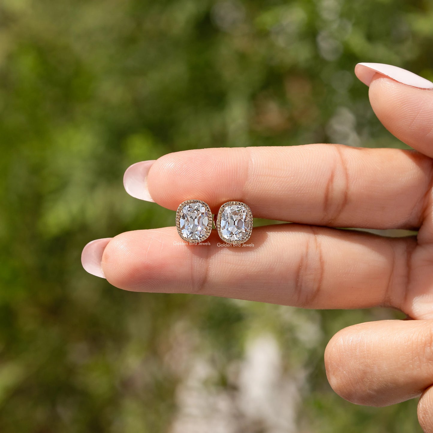 Old Mine Cushion Lab Diamond Milgrain Bezel Studs