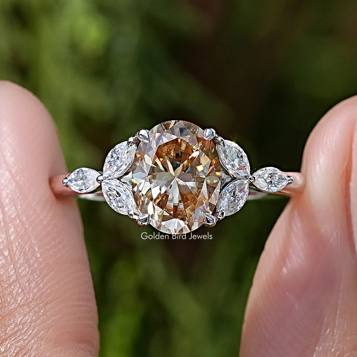 Oval Moissanite Gemstone Leaves Side Stone Wedding Ring