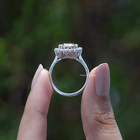Back view of Oval Cut Moissanite Halo Engagement Ring in secure setting