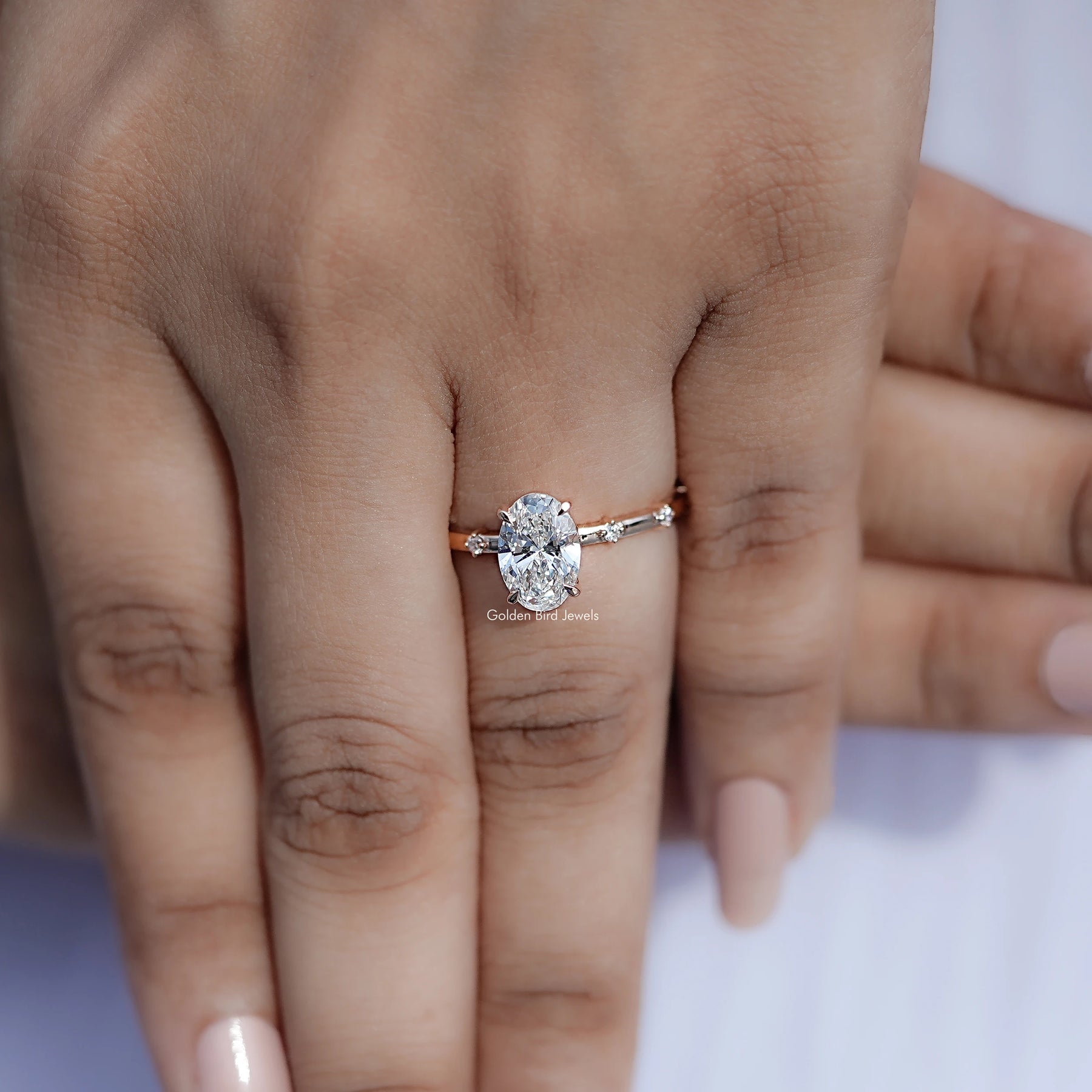 Top view of Oval Shaped Lab Diamond Distance Ring