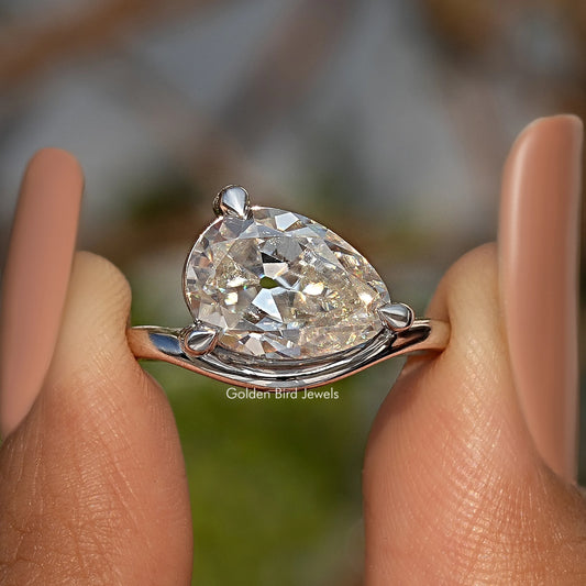 Old Mine Pear Cut Moissanite Carved Solitaire Ring