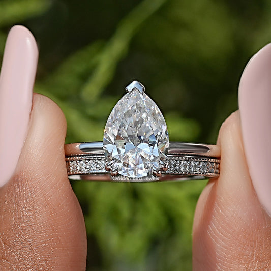 Pear Moissanite Hidden Halo Ring With Eternity Band