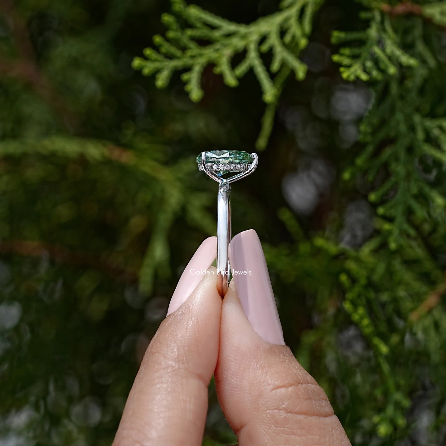 Pear Cut Moissanite Gemstone Hidden Halo Engagement Ring