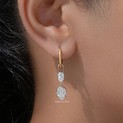Gold-tone hoop dangle earrings with two pear-cut clear stones