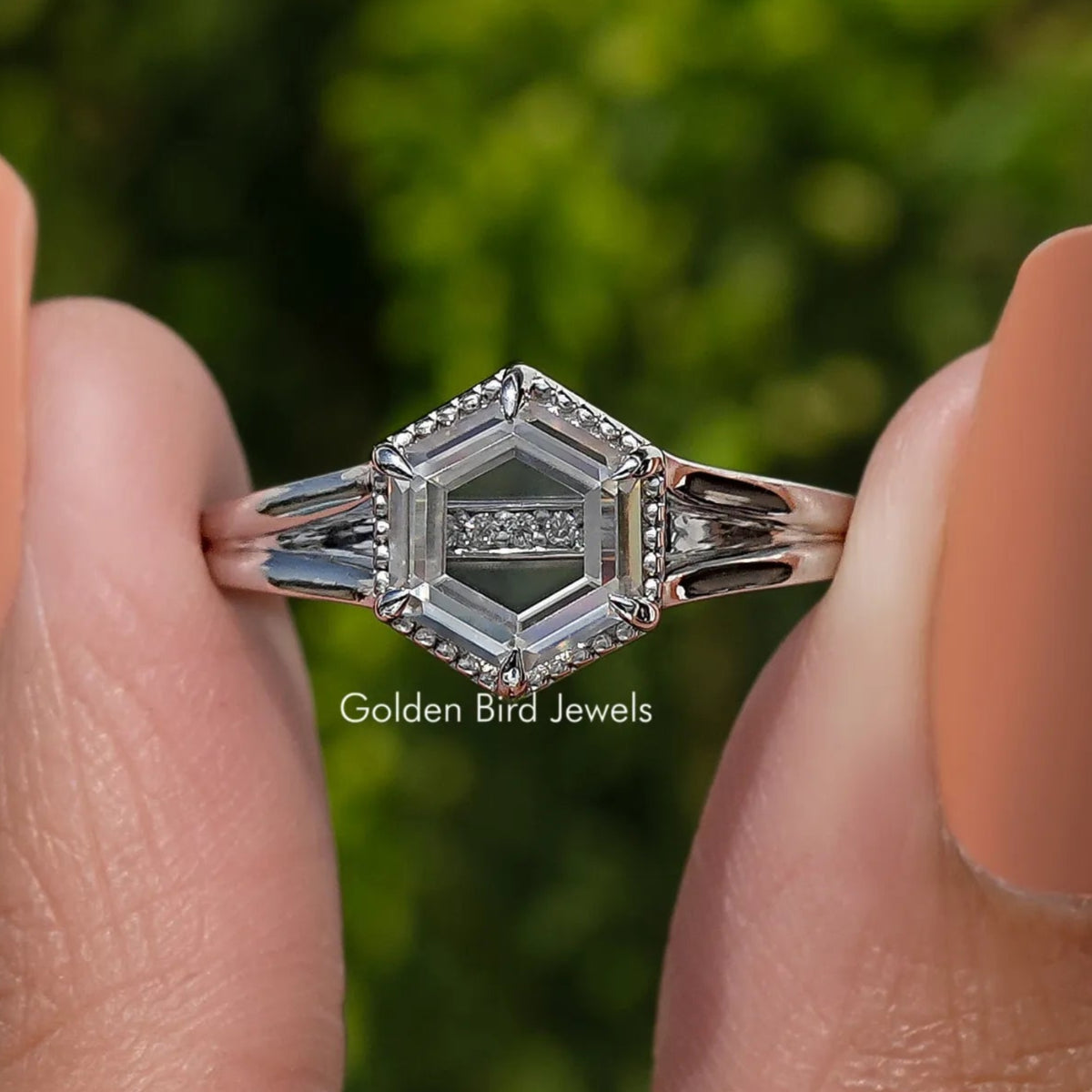 Portrait Hexagon Cut Moissanite Ring