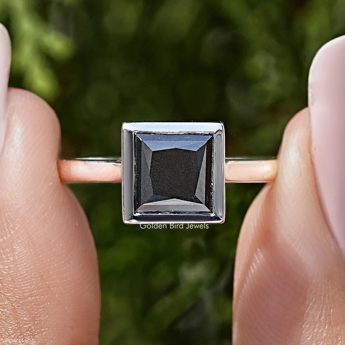 Black Princess Moissanite Diamond Bezel Set Ring