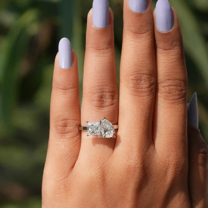 Moissanite Princess And Pear Cut Toi Et Moi Ring In finger