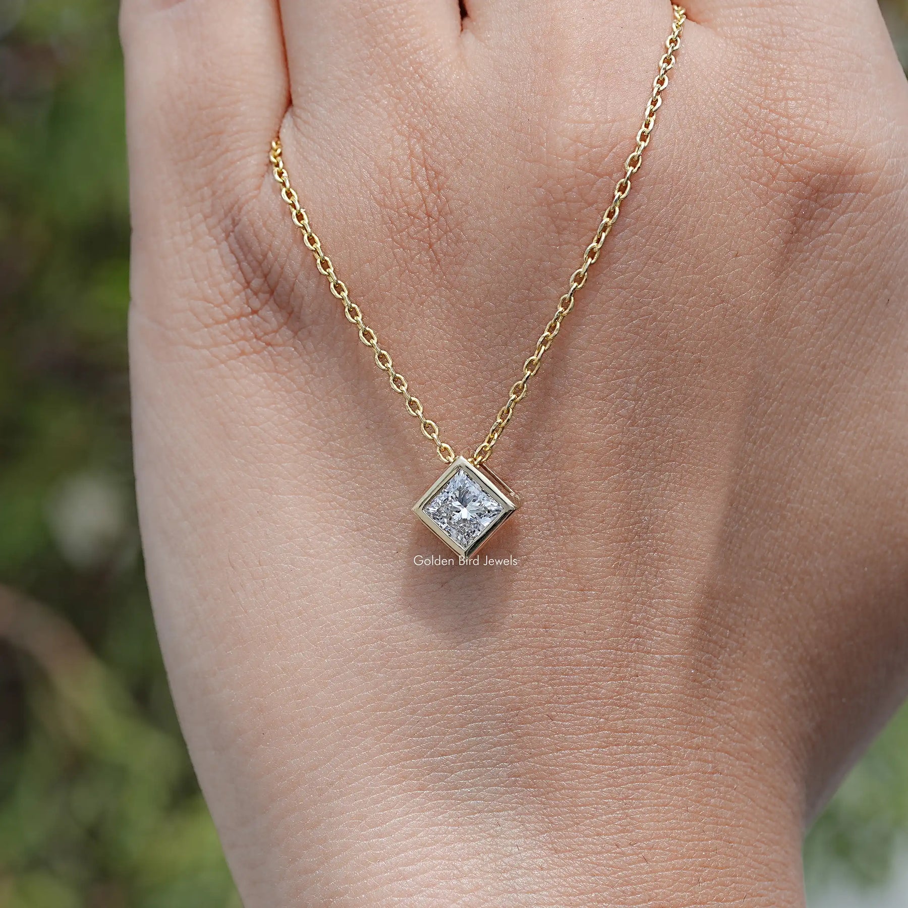 hand Showing View of Princess Cut Lab Diamond Pendant