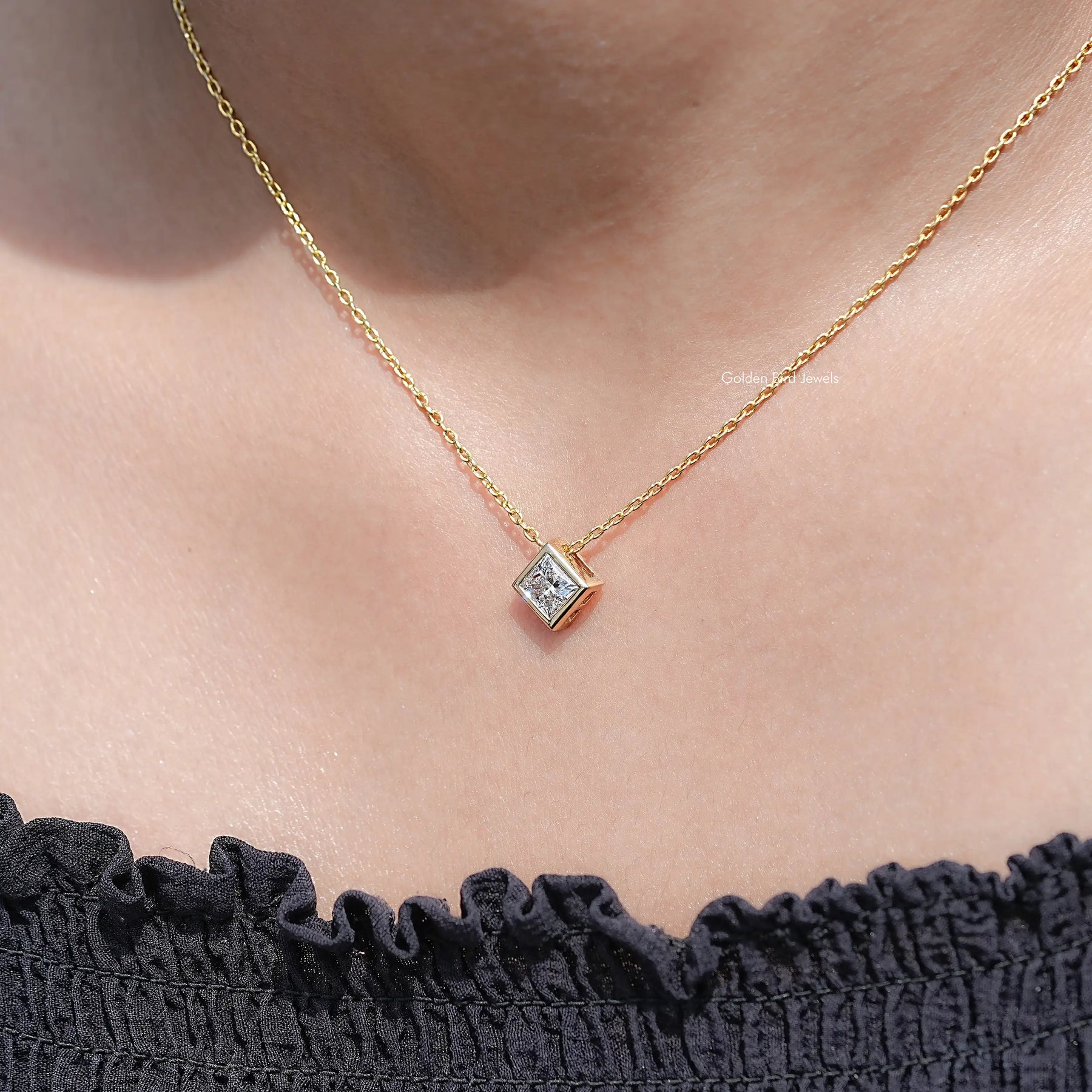 neck View of Princess Cut Lab Diamond Bezel Set Solitaire Pendant