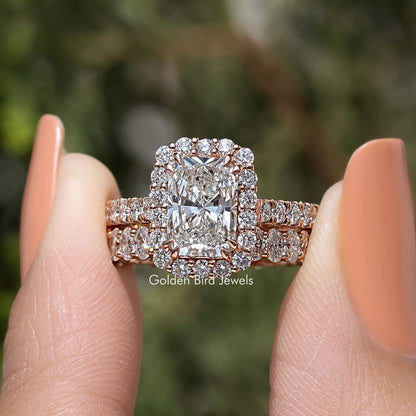 Radiant Cut Lab Diamond Halo Bridal Ring Set