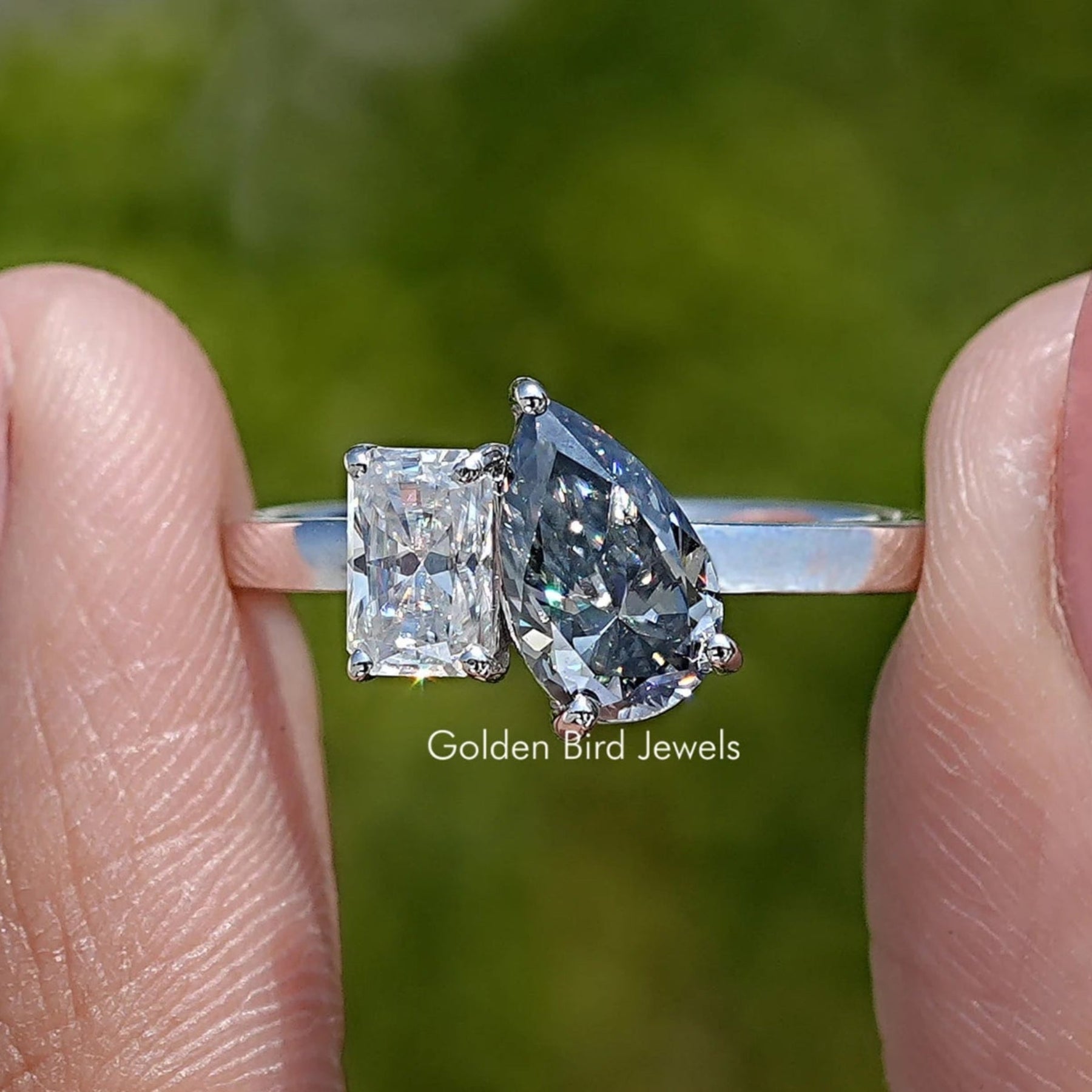 Front View of Radiant And Pear Cut Toi Et Moi Moissanite Ring