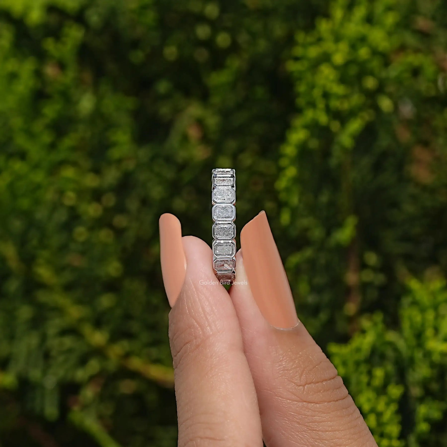Side View of Bezel Set Radiant Cut Full Eternity Band