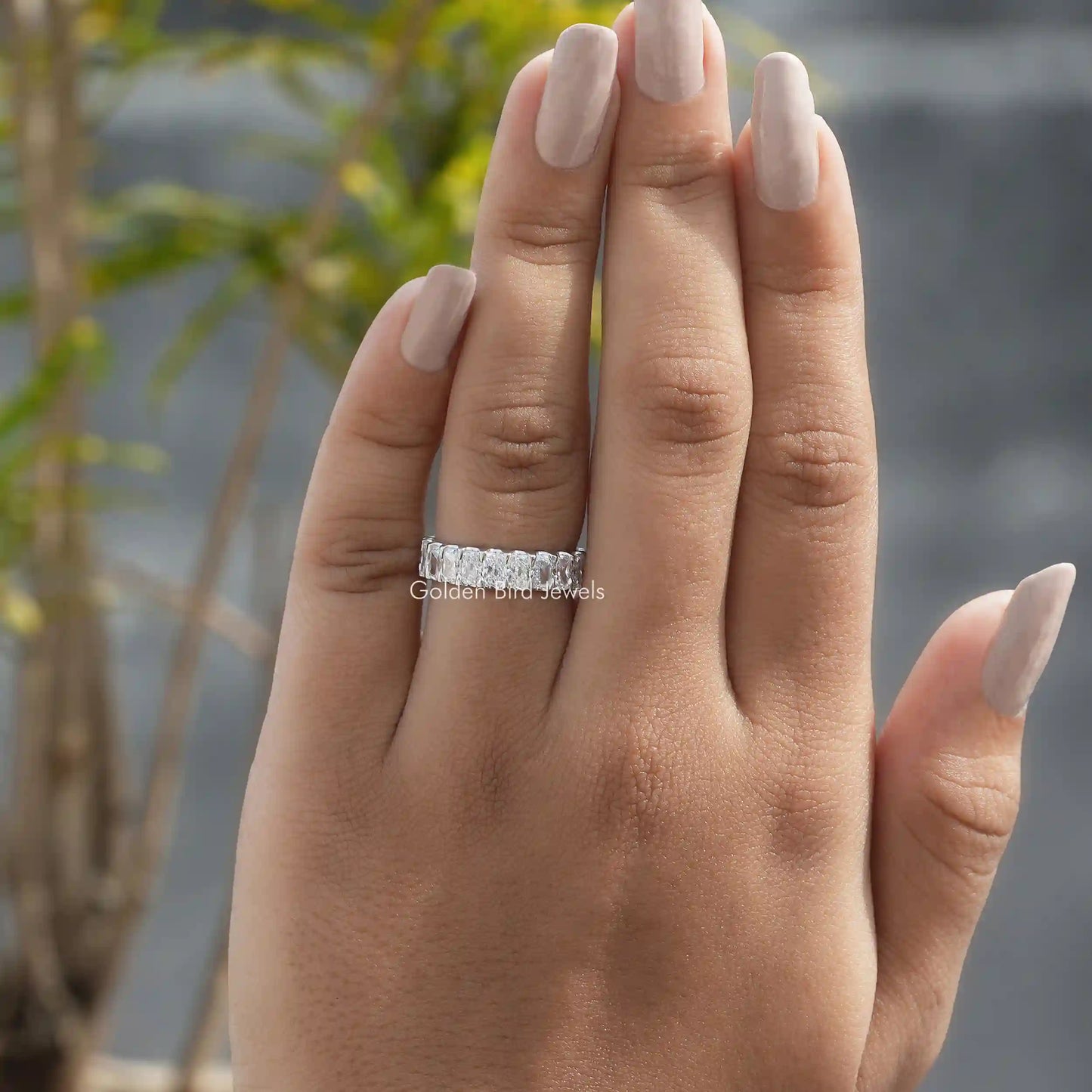 View of Radiant cut lab diamond anniversary band made in 18k white gold