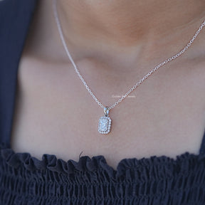 In Neck View of Radiant Cut Lab Diamond Halo Pendant In White Gold