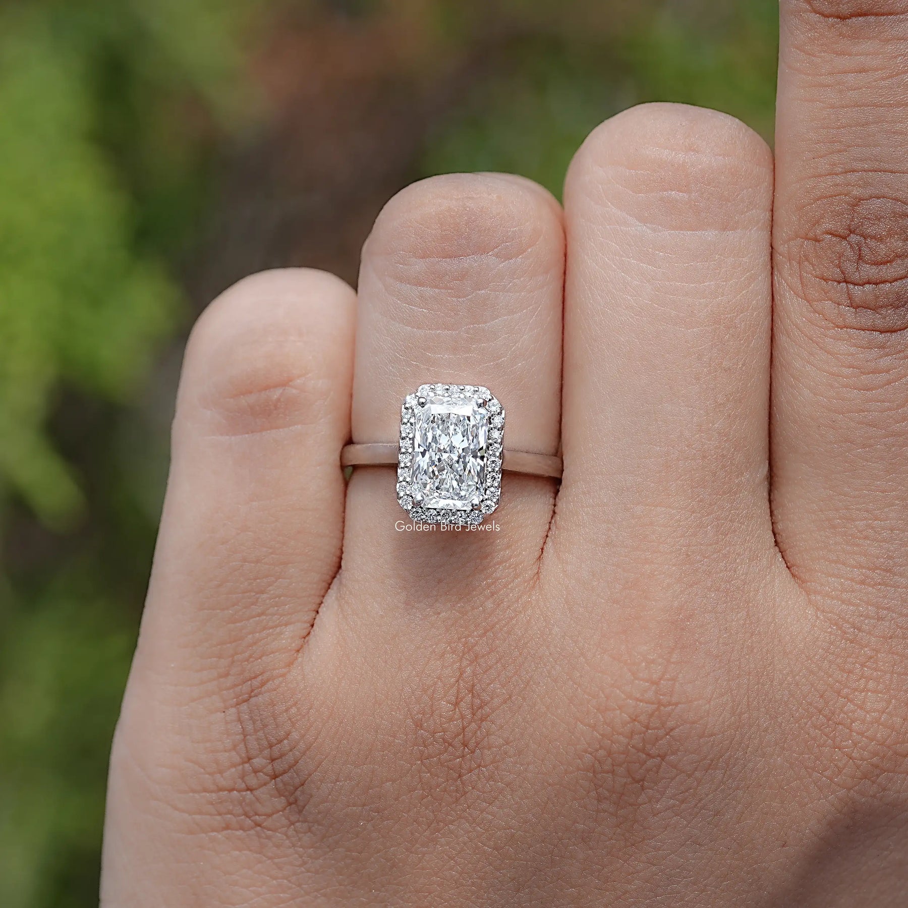 Top View Of Radiant shaped diamond engagement ring 
