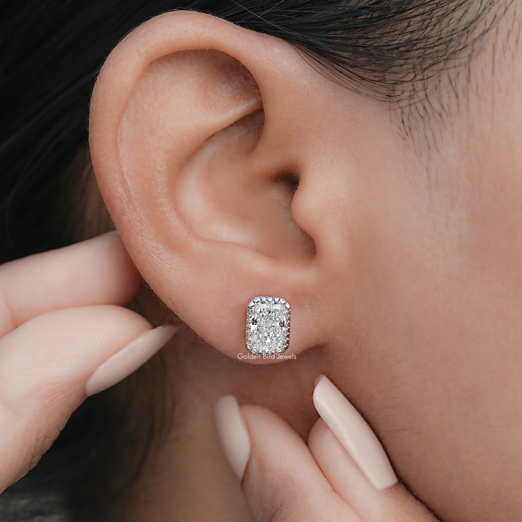 Front view of Radiant Diamond Milgrain Stud Earrings