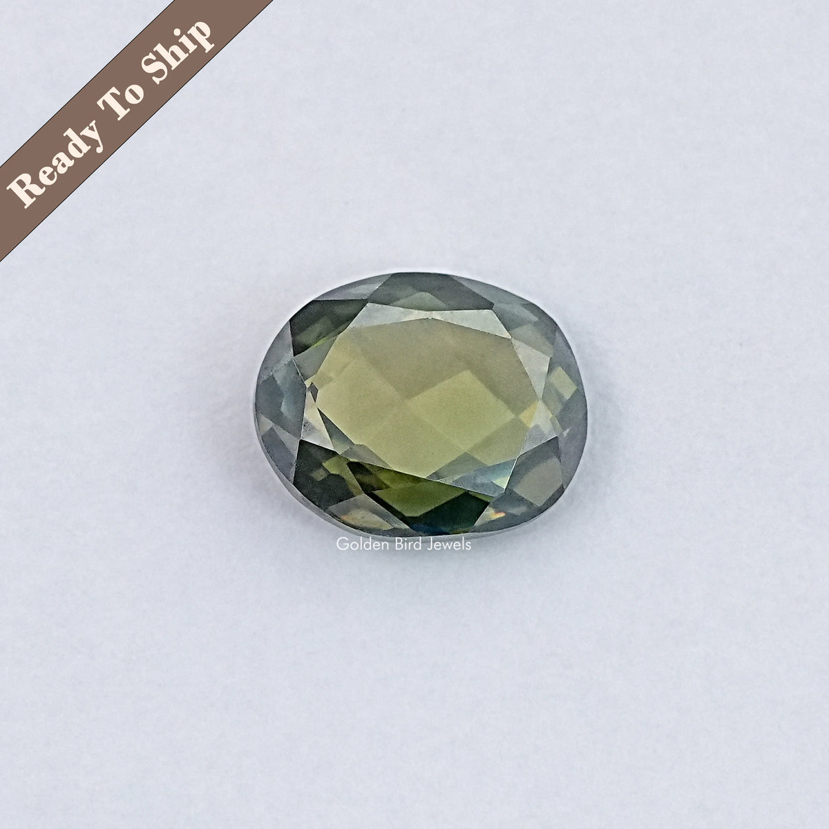 Oval rose-cut moissanite loose stone, faceted light greenish