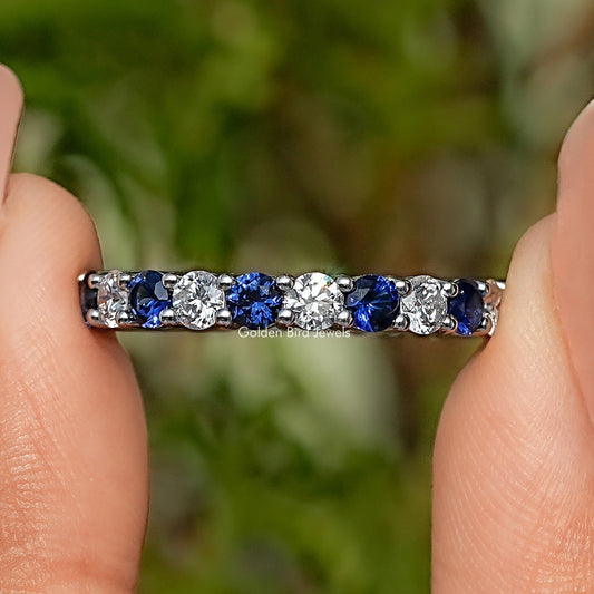 Round Shape Blue Gemstone Eternity Wedding Band