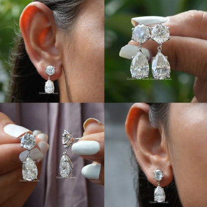 [Collage of moissanite round & pear cut dangle drop earrings]