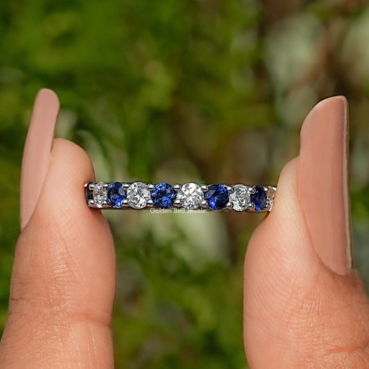 Round Shape Blue Gemstone Eternity Wedding Band