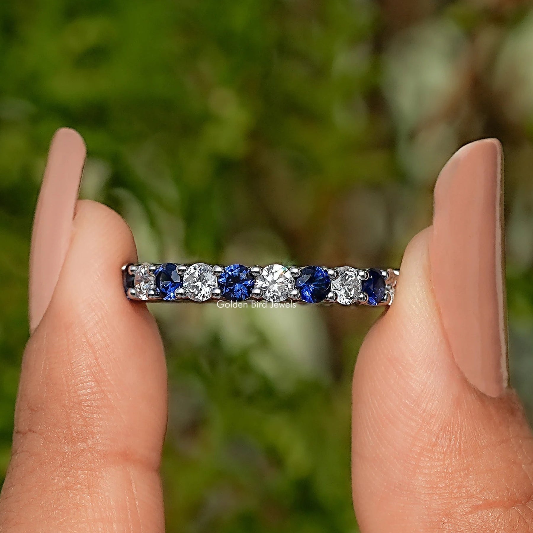 Round Shape Blue Gemstone Eternity Wedding Band