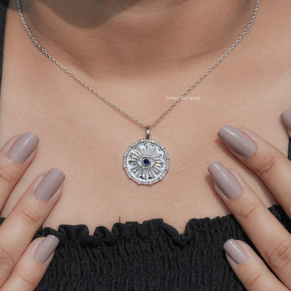 Round Sapphire Gemstone Evil Eye Halo Pendant