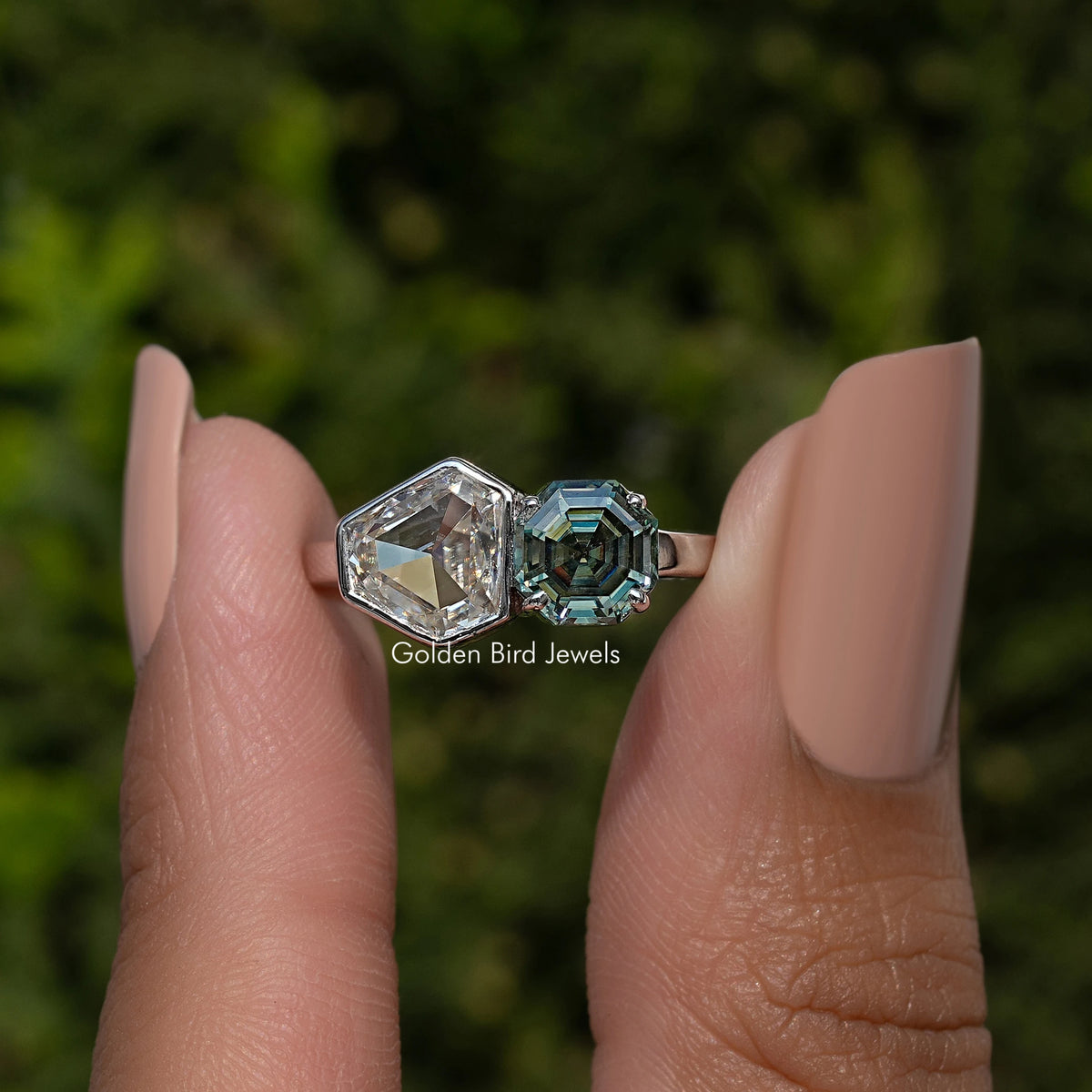 Shield Cut Moissanite Bezel Set Two Stone Ring