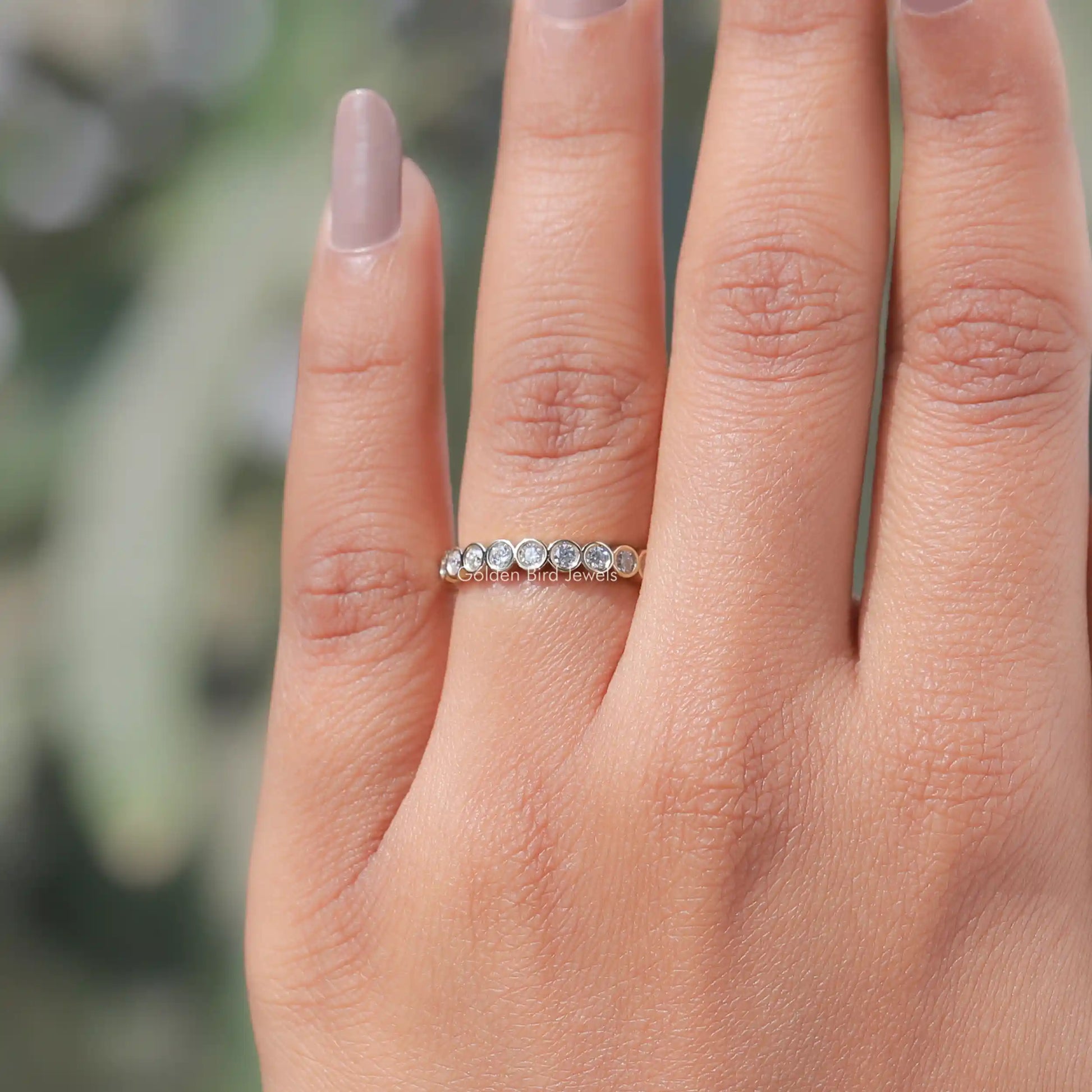 View of Round Cut Lab Diamond Bezel Set Eternity Band In White Gold