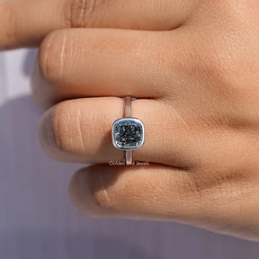 Close View Of Bezel Set Square Moissanite Solitaire Ring 
