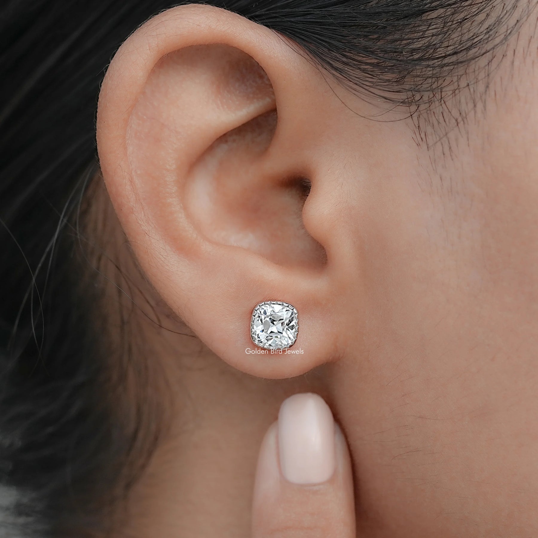 Front view of Square Old Mine Cushion Diamond Milgrain Stud Earrings