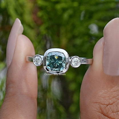 Three Stone Cushion Cut Moissanite Engagement Ring